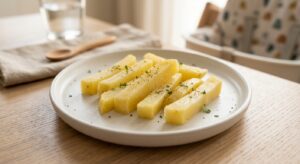 Bastones de patata suaves y al vapor en un plato colorido, ideales para la alimentación de bebés con BLW usando el Mambo de Cecotec.