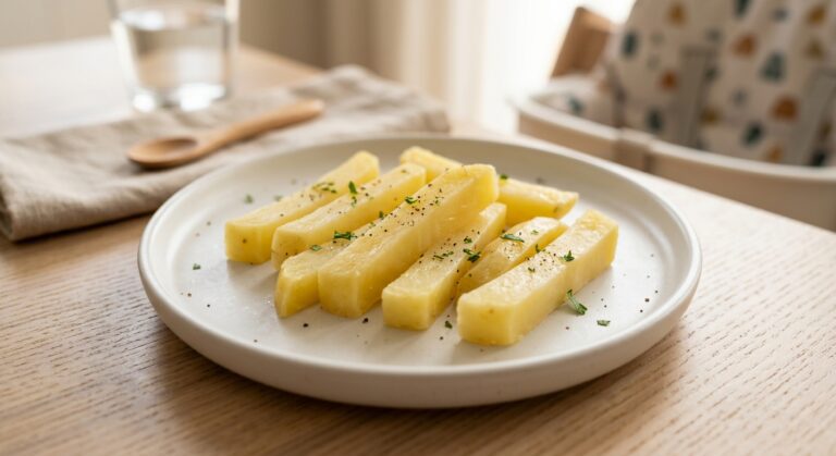 Bastones de patata suaves y al vapor en un plato colorido, ideales para la alimentación de bebés con BLW usando el Mambo de Cecotec.