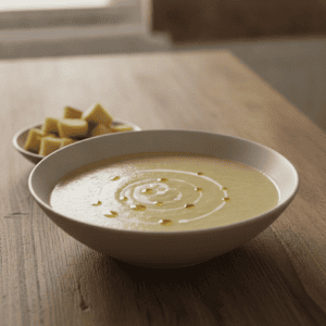 Bowl de crema de puerros y pera preparada con Mambo de Cecotec, decorada con hierbas frescas.