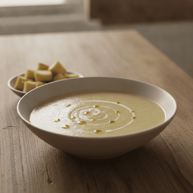 Bowl de crema de puerros y pera preparada con Mambo de Cecotec, decorada con hierbas frescas.