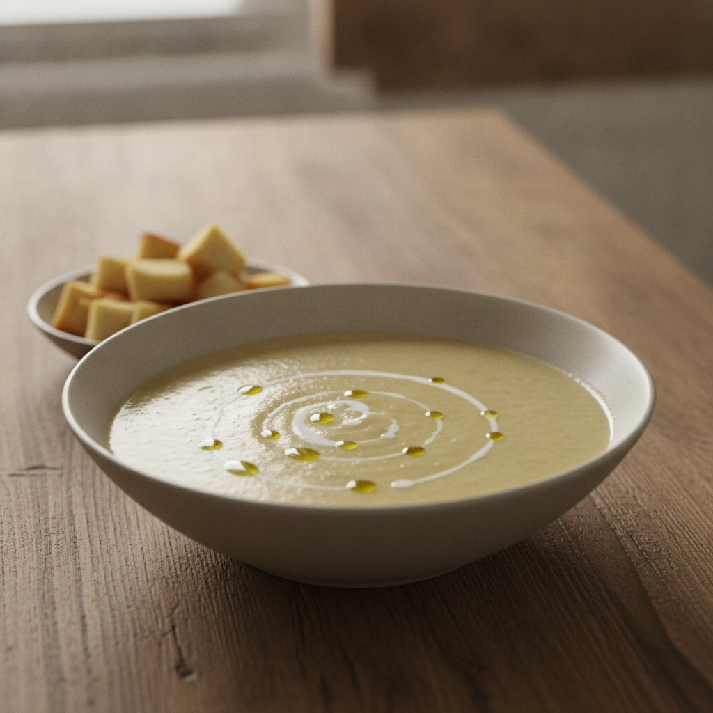 Bowl de crema de puerros y pera preparada con Mambo de Cecotec, decorada con hierbas frescas.