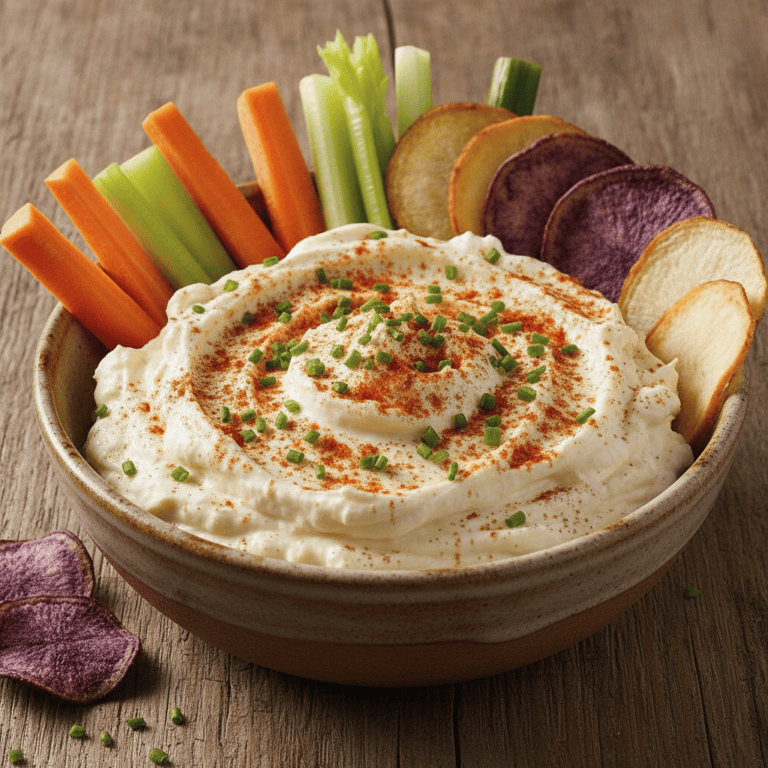 Dip de queso y yogur preparado en Mambo, servido con vegetales y espolvoreado con paprika.