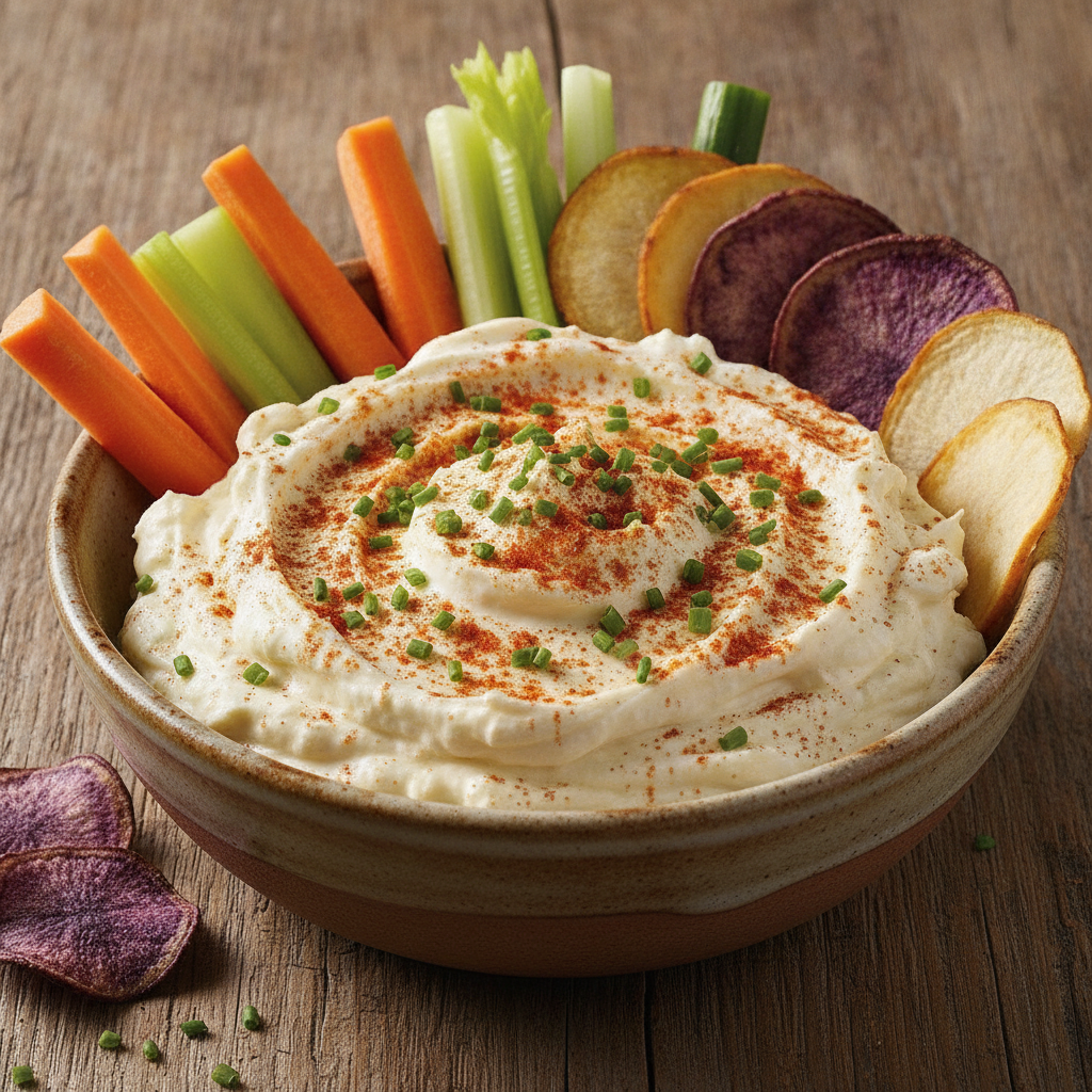 Dip de queso y yogur preparado en Mambo, servido con vegetales y espolvoreado con paprika.