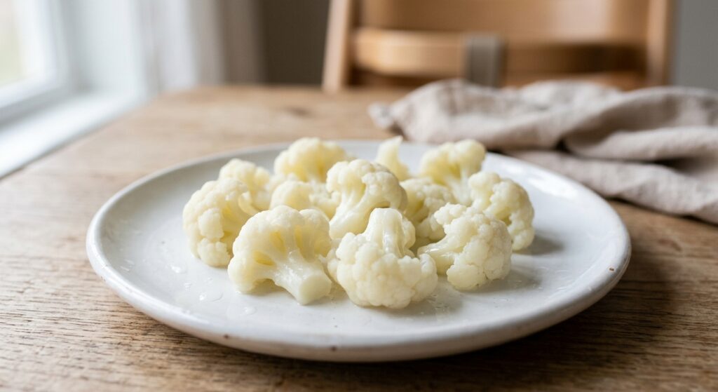 Flores de coliflor al vapor en un plato, preparadas con el Mambo de Cecotec, perfectas para bebés.