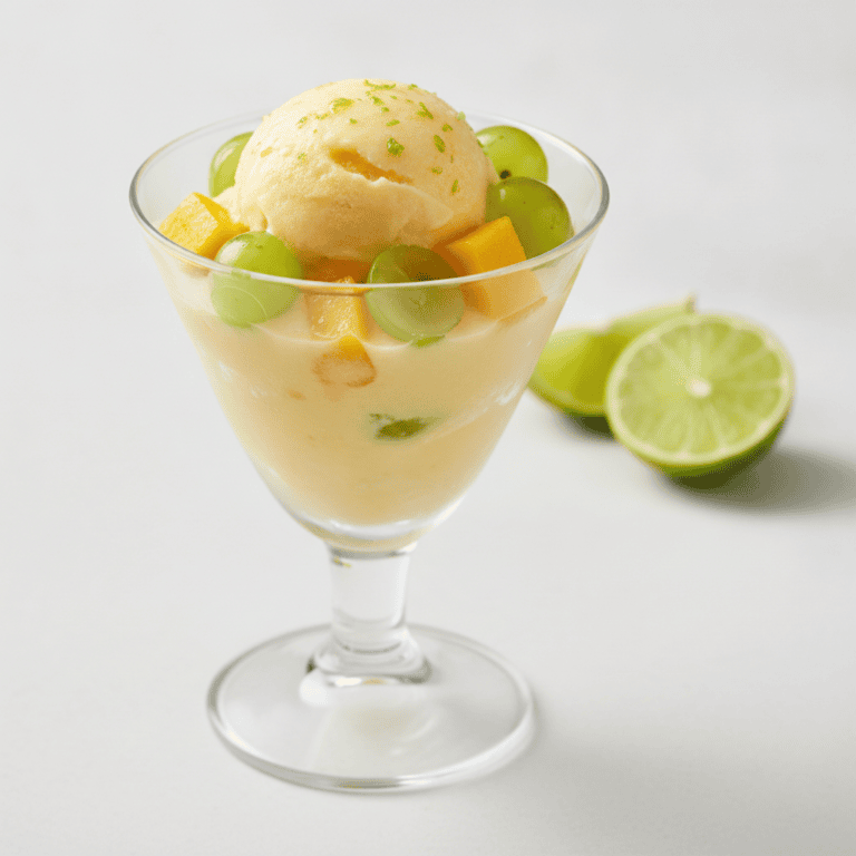 Helado de mango, uvas y lima en plato blanco, decorado con frutas frescas, preparado con Mambo de Cecotec.