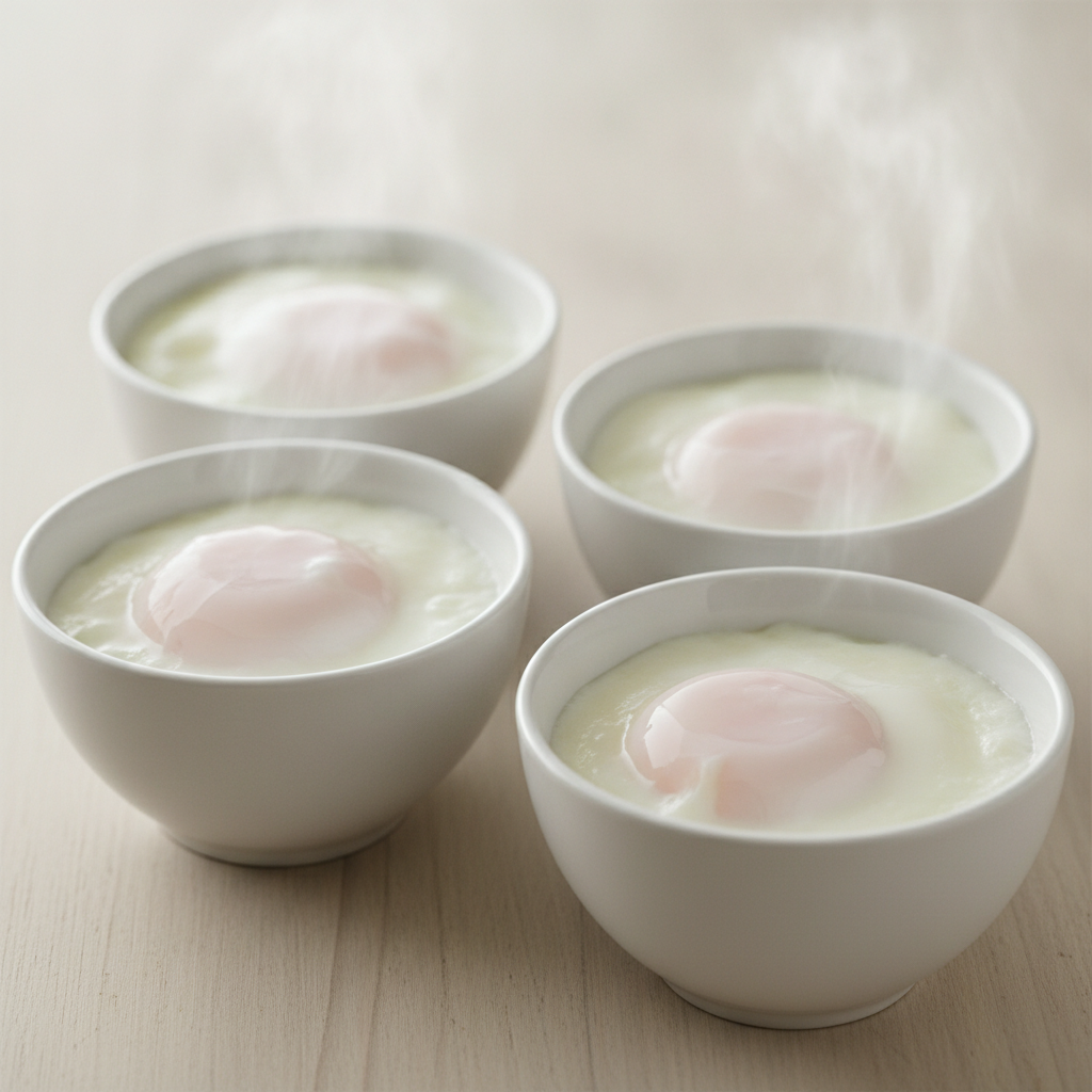 Huevos pochados cocinados en un robot de cocina Mambo, servidos frescos y listos para disfrutar.
