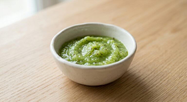 Plato de kiwi chafado preparado con Mambo, ideal para bebés a partir de los 6 meses.
