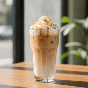 Un delicioso latte de caramelo helado Mambo en un vaso alto, coronado con nata y caramelo, preparado con el robot Cecotec.