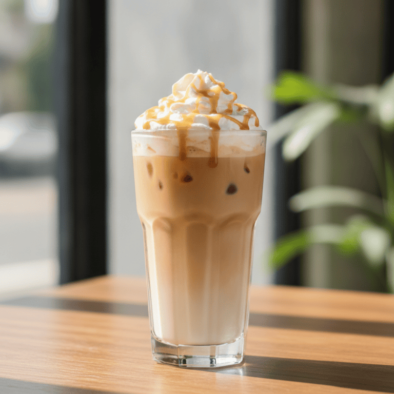 Un delicioso latte de caramelo helado Mambo en un vaso alto, coronado con nata y caramelo, preparado con el robot Cecotec.