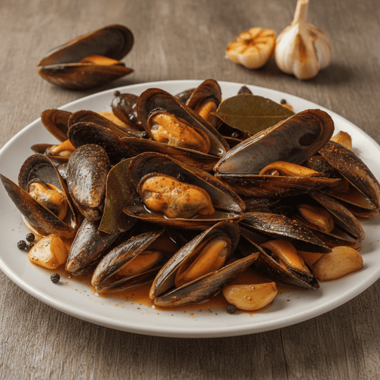 Plato de mejillones en escabeche preparados con Mambo, mostrando mejillones brillantes y salsa rojiza.