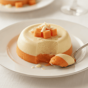 Mousse de papaya y chocolate blanco servido en un vaso elegante, preparado con Mambo