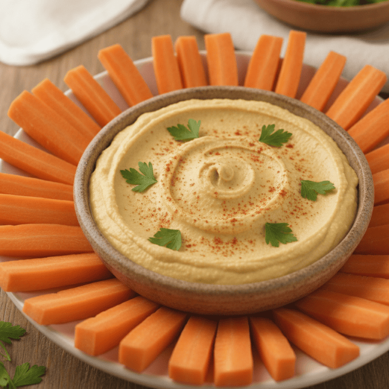 Palitos de zanahoria con un cuenco de hummus libanés, preparados con Mambo de Cecotec.