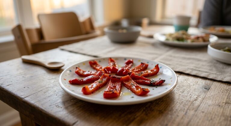Tiras de pimientos rojos asados sin piel, preparados especialmente para bebés con el robot Mambo de Cecotec.