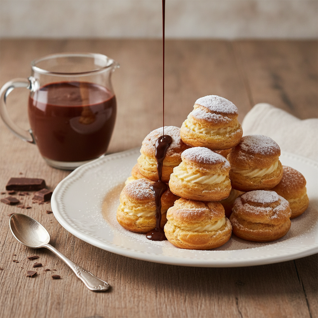 Profiteroles dorados y esponjosos preparados con masa choux mambo, servidos en un plato elegante.