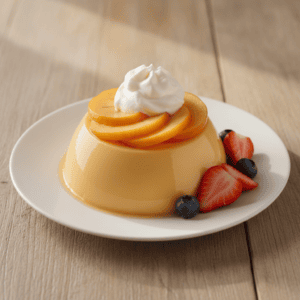 Pudding de caqui Mambo en un plato blanco, decorado con frutos rojos, preparado con el robot de cocina Cecotec.