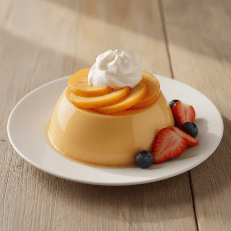 Pudding de caqui Mambo en un plato blanco, decorado con frutos rojos, preparado con el robot de cocina Cecotec.
