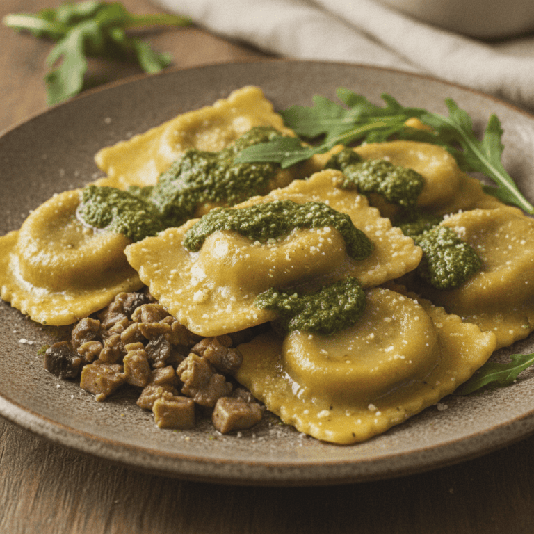 Plato de raviolis de champiñones con pesto de rúcula, preparado con el robot Mambo de Cecotec.