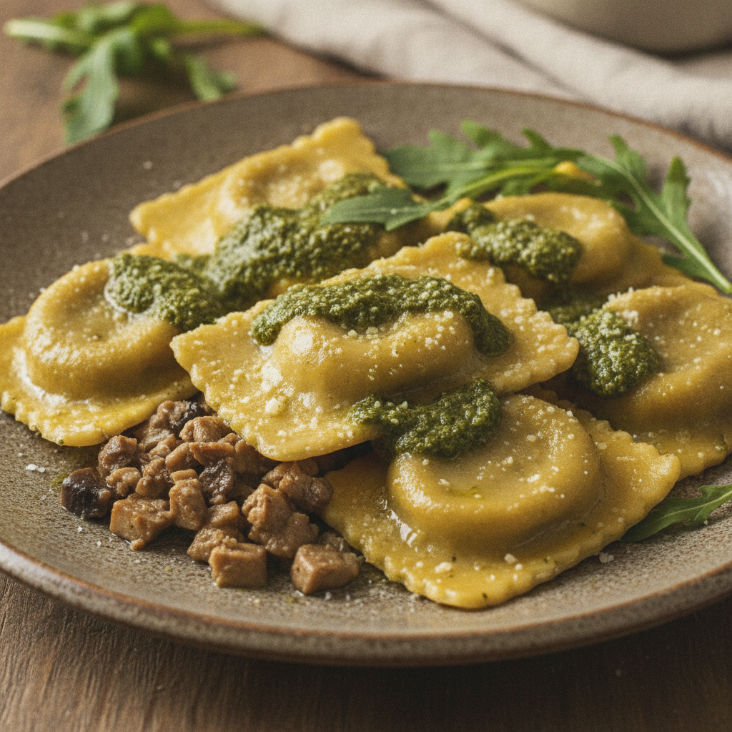 Plato de raviolis de champiñones con pesto de rúcula, preparado con el robot Mambo de Cecotec.