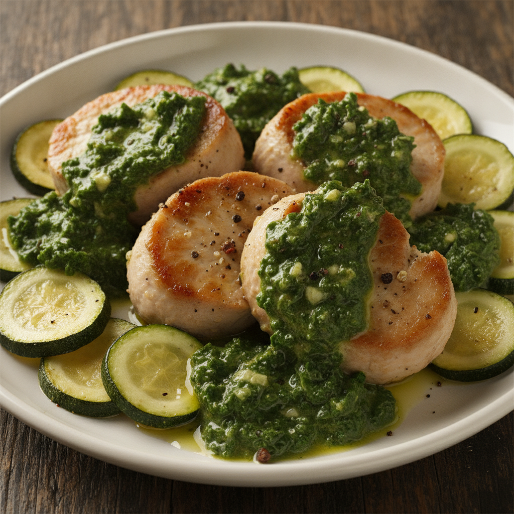 Plato de solomillo de pavo en salsa de kale y calabacines cocinado en Mambo de Cecotec.