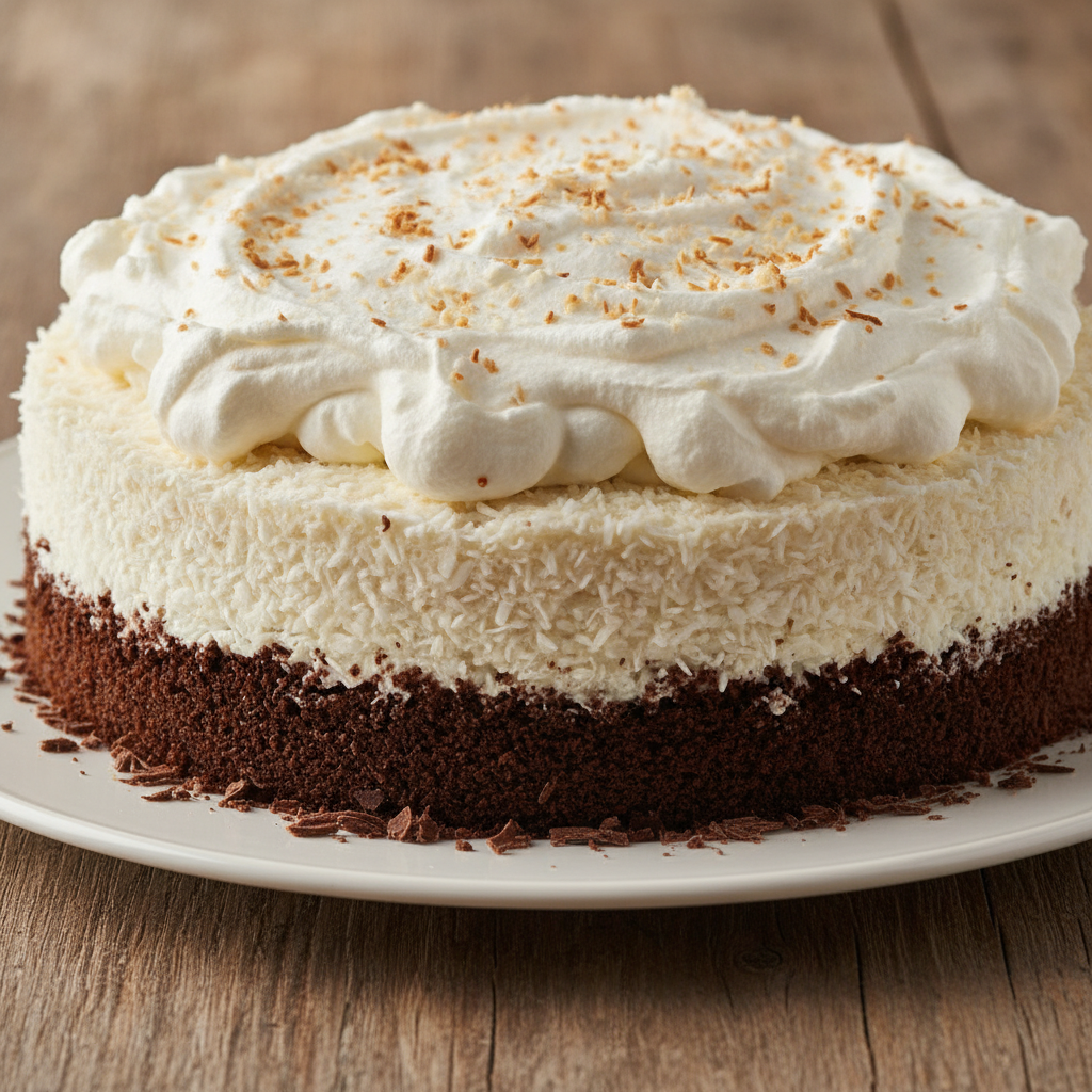 Tarta de galletas y coco con capas cremosas y topping de coco, preparada con Mambo de Cecotec.