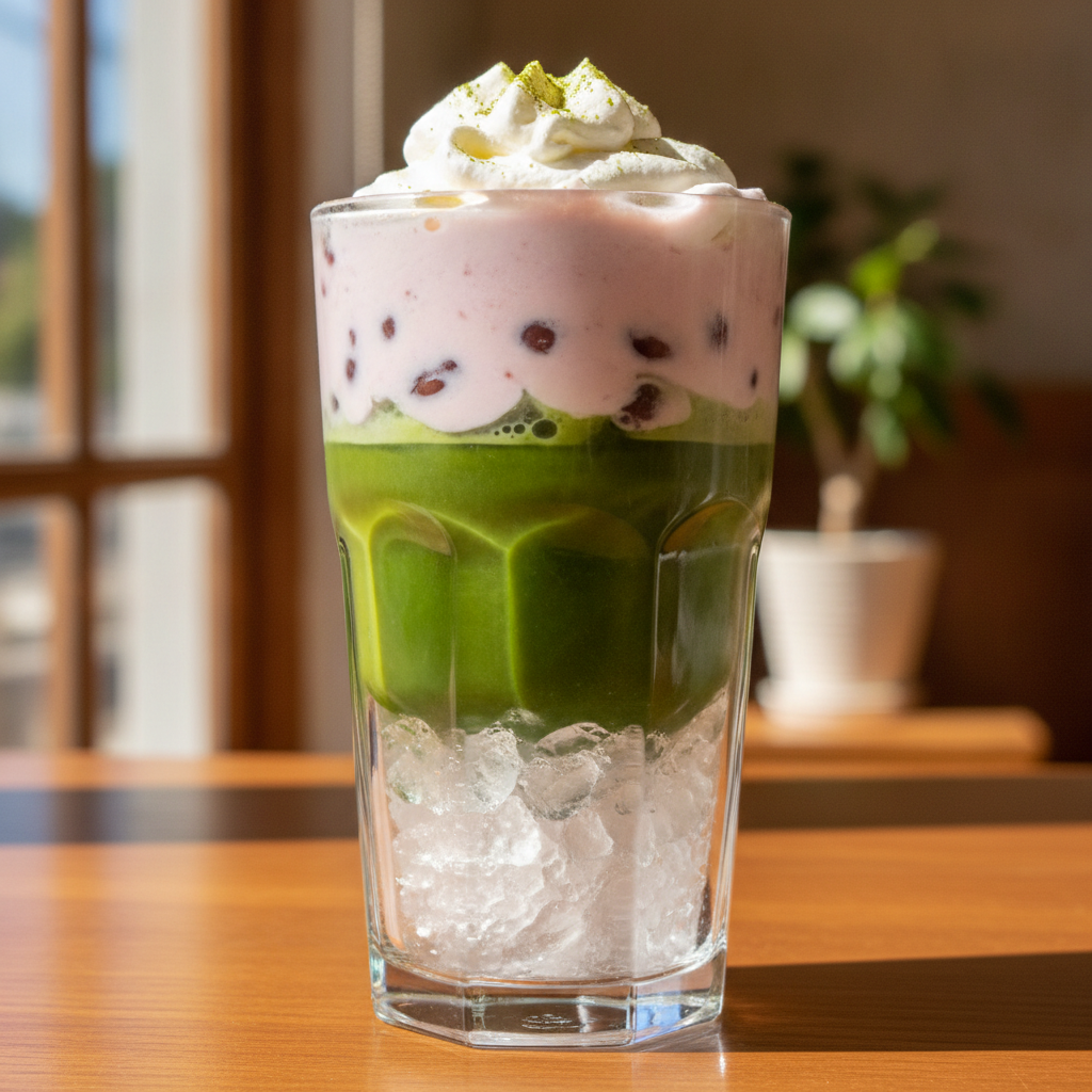 Vaso de té matcha con hielo y capa superior de crema de adzuki, preparado con Mambo de Cecotec.