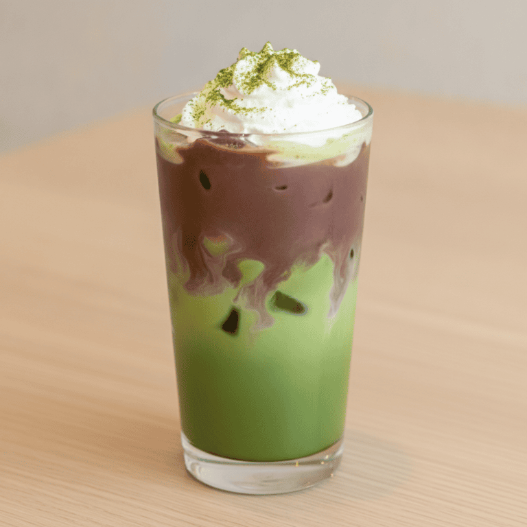Vaso de té matcha con crema de adzuki y crema batida, preparado con Mambo de Cecotec.