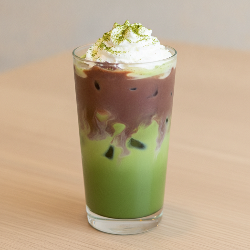 Vaso de té matcha con crema de adzuki y crema batida, preparado con Mambo de Cecotec.