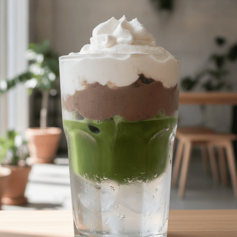 Vaso alto con té matcha, crema de adzuki y crema batida, preparado con Mambo de Cecotec.