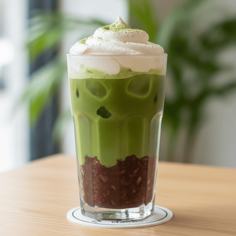Vaso de té matcha helado con crema de adzuki, preparado con Mambo de Cecotec, sobre fondo rústico
