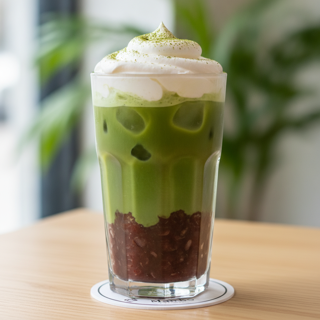 Vaso de té matcha helado con crema de adzuki, preparado con Mambo de Cecotec, sobre fondo rústico