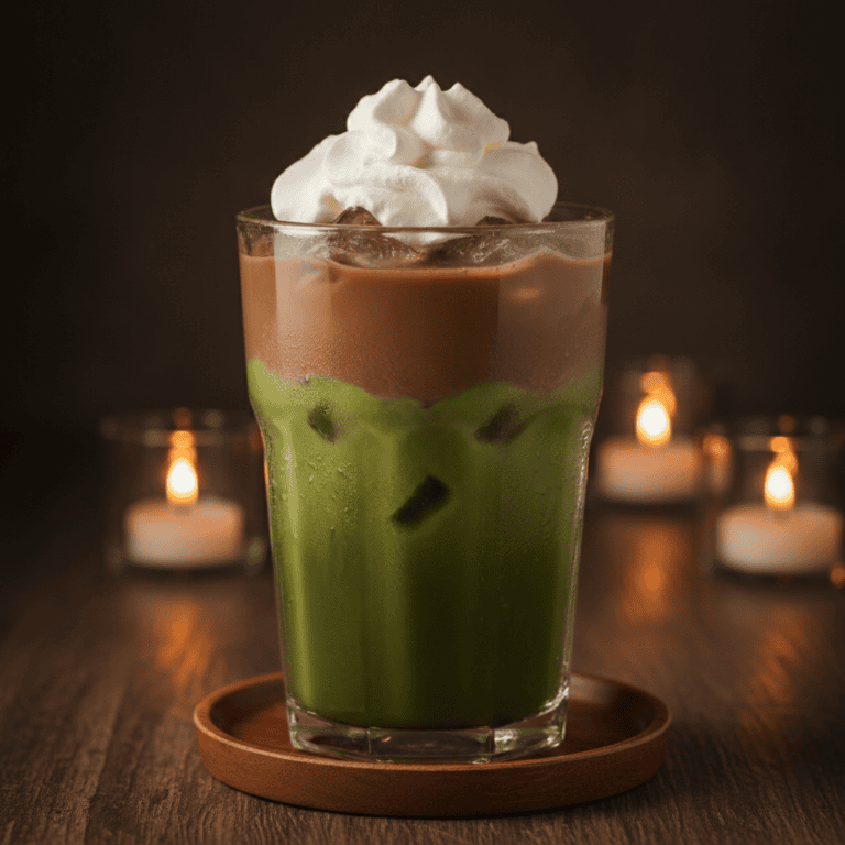 Vaso de té matcha con hielo y capas de crema dulce de adzuki y crema batida, preparado con Mambo de Cecotec.