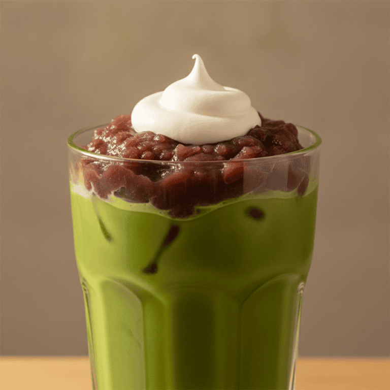 Vaso de té matcha con hielo y crema dulce de adzuki, preparado con Cecotec Mambo.