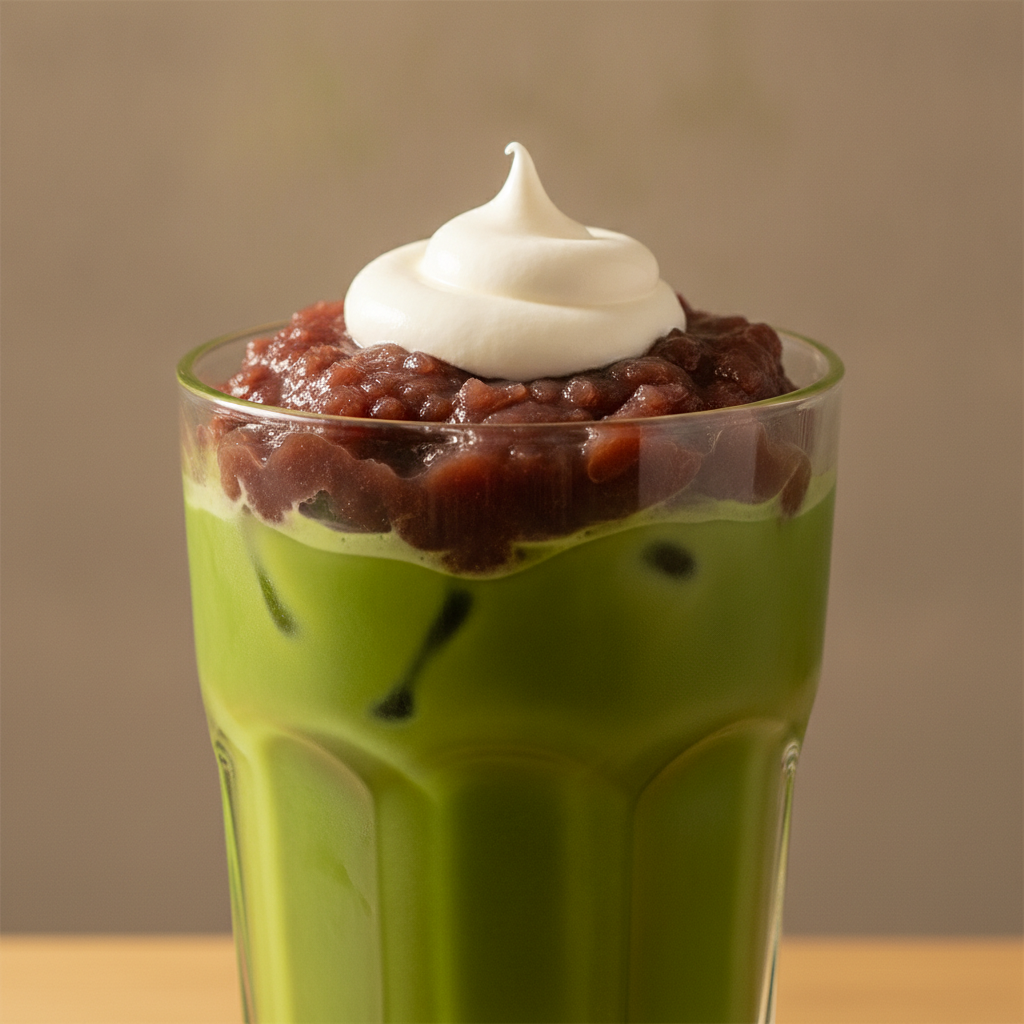 Vaso de té matcha con hielo y crema dulce de adzuki, preparado con Cecotec Mambo.