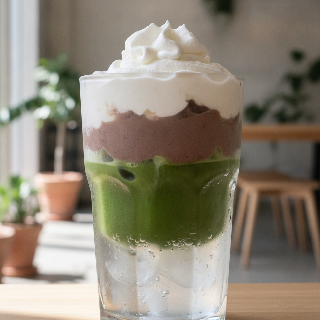 Vaso alto con té matcha, crema de adzuki y crema batida, preparado con Mambo de Cecotec.