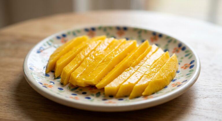 Tiras de mango maduro preparadas con Mambo, suaves y seguras para bebés.