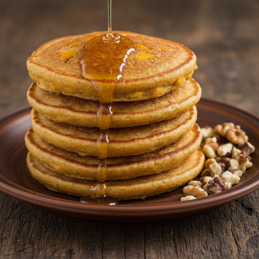 Tortitas de calabaza y avena Mambo servidas en un plato, destacando su color dorado y textura suave.