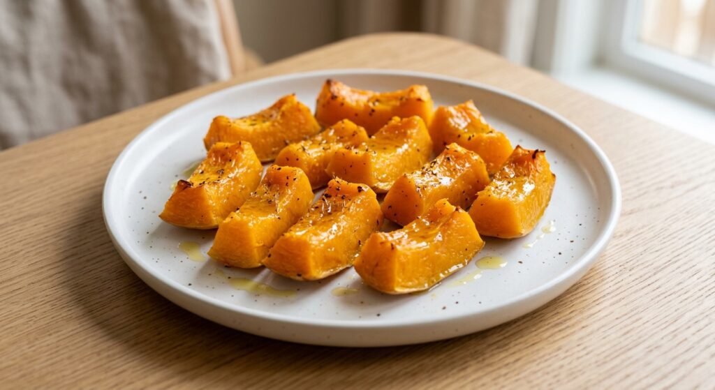 Trozos de calabaza naranja asada, perfectos para BLW, preparados en el Mambo de Cecotec.