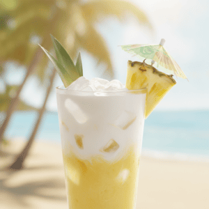 Agua de piña con coco en Mambo, bebida tropical servida en vaso.