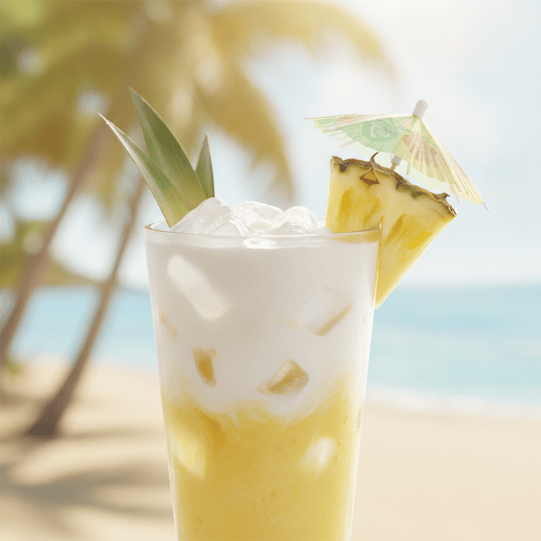 Agua de piña con coco en Mambo, bebida tropical servida en vaso.