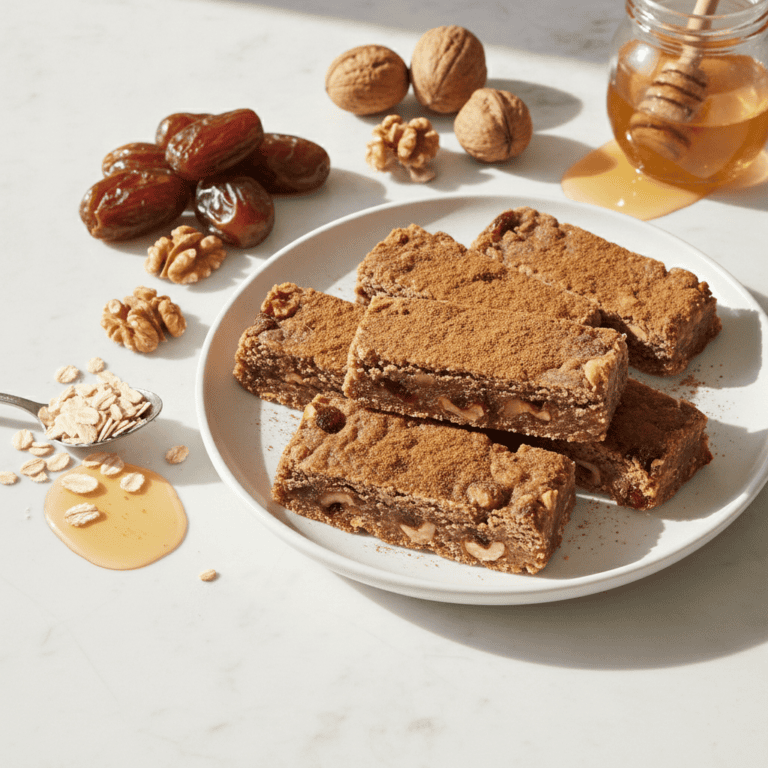 Barritas de dátiles y nueces cortadas y apiladas, preparadas con el robot Mambo de Cecotec.