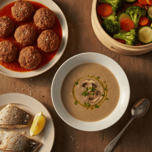 Preparación de batch cooking fácil en Mambo con crema, albóndigas, merluza y verduras.