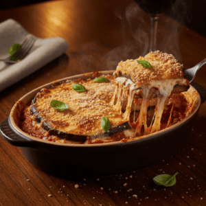 Plato de berenjenas a la parmigiana Mambo, con capas de berenjena, salsa de tomate y queso derretido.