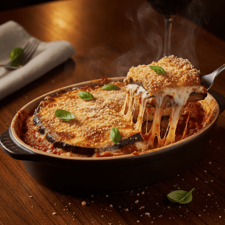 Plato de berenjenas a la parmigiana Mambo, con capas de berenjena, salsa de tomate y queso derretido.