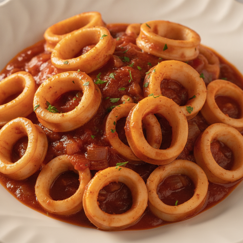 Plato de calamares en salsa americana Mambo servido con perejil y fondo de mesa de madera.
