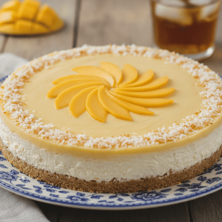 Cheesecake de mango sin horno, con un topping de mango fresco y coco rallado, preparado en un robot Mambo de Cecotec.