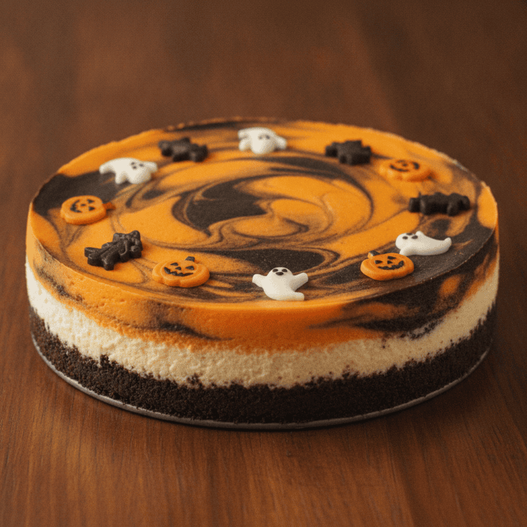 Cheesecake con colores naranja y negro, decorado para Halloween, preparado con Mambo de Cecotec.