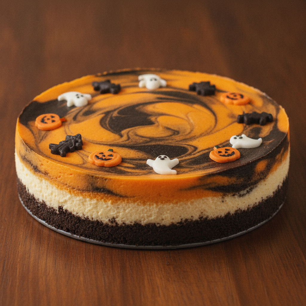 Cheesecake con colores naranja y negro, decorado para Halloween, preparado con Mambo de Cecotec.