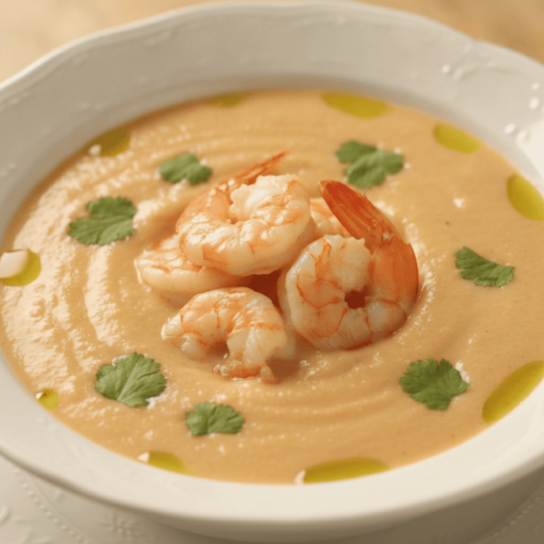 Bol de crema thai de langostinos y coco, adornado con coriandro fresco y langostinos, preparado con Mambo de Cecotec.
