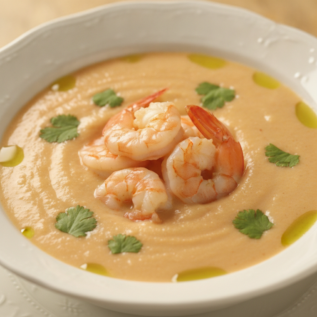 Bol de crema thai de langostinos y coco, adornado con coriandro fresco y langostinos, preparado con Mambo de Cecotec.