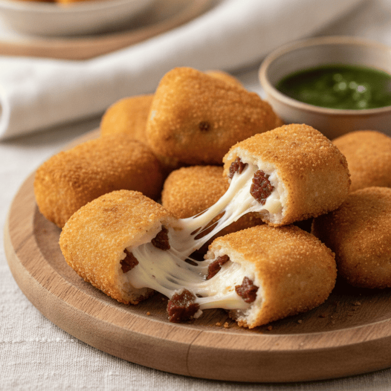 Croquetas crujientes de cecina y queso de cabra, cocinadas con Mambo, servidas calientes.